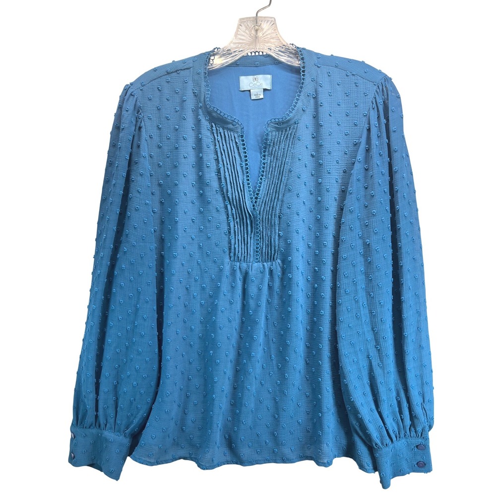 CeCe Blue Clip Dot Pintuck Split Neck Long Sleeve Blouse Top Large